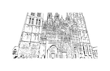 Print Building view with landmark of Rouen is the city in France. Vektörde elle çizilmiş çizim çizimi.