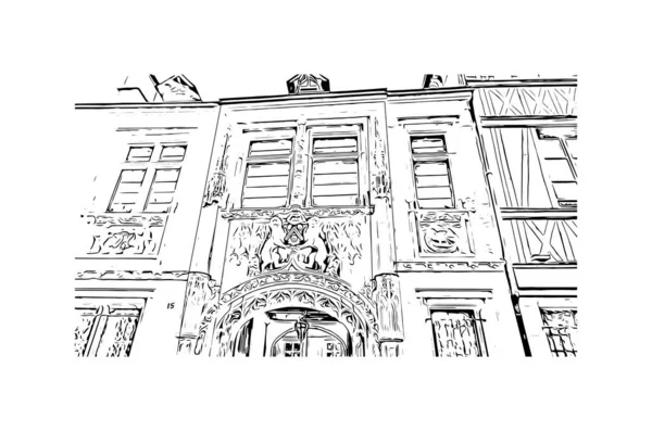 Stampa Vista Edificio Con Punto Riferimento Rouen Città Francia Illustrazione — Vettoriale Stock