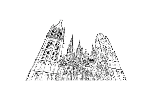 Print Building View Landmark Rouen City France Vektörde Elle Çizilmiş — Stok Vektör