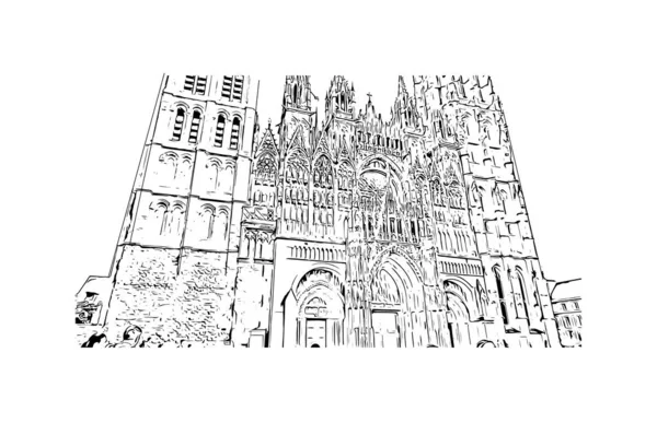 带有鲁昂地标的印刷建筑景观是法国的一个城市 矢量手绘草图 — 图库矢量图片