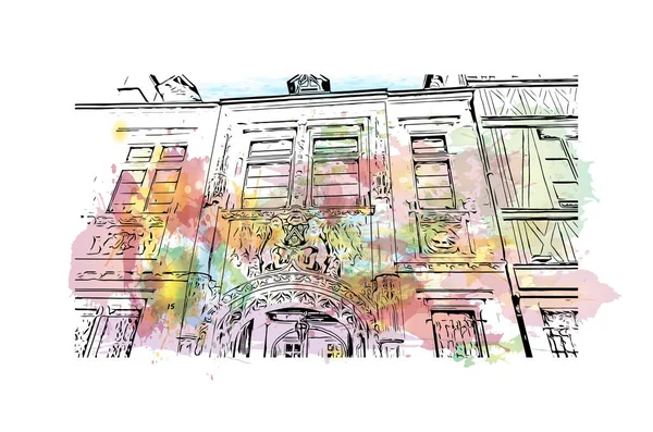 Print Building View Landmark Rouen City France Watercolor Splash Hand — Stock Vector