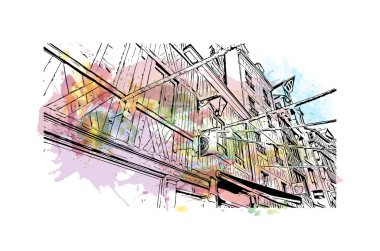 Print Building view with landmark of Rouen is the city in France. Vektörde elle çizilmiş resim ile suluboya sıçraması.