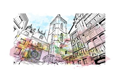 Print Building view with landmark of Rouen is the city in France. Vektörde elle çizilmiş resim ile suluboya sıçraması.