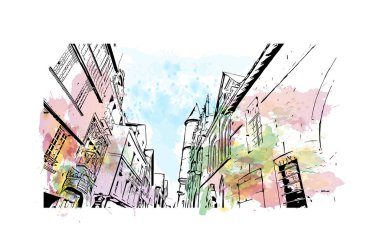 Print Building view with landmark of Rouen is the city in France. Vektörde elle çizilmiş resim ile suluboya sıçraması.