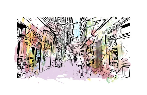 印刷ルーアンのランドマークとビルの景色はフランスの街です 手描きのスケッチイラストと水彩スプラッシュベクトル — ストックベクタ
