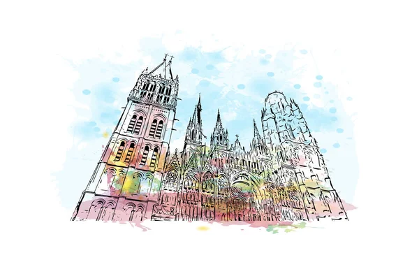 带有鲁昂地标的印刷建筑景观是法国的一个城市 矢量手绘示意图水彩画 — 图库矢量图片