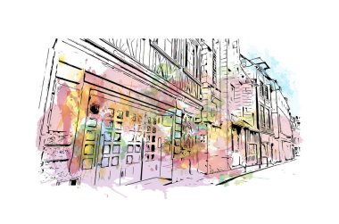 Print Building view with landmark of Rouen is the city in France. Vektörde elle çizilmiş resim ile suluboya sıçraması.