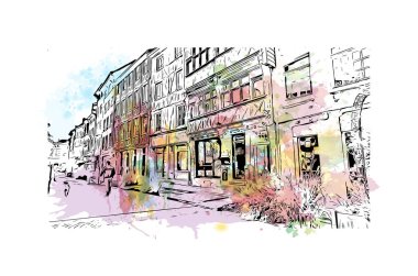 Print Building view with landmark of Rouen is the city in France. Vektörde elle çizilmiş resim ile suluboya sıçraması.