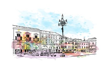 Print Building view with landmark of Rovigo, İtalya 'nın kuzeydoğusunda yer alan bir şehirdir. Vektörde elle çizilmiş resim ile suluboya sıçraması.