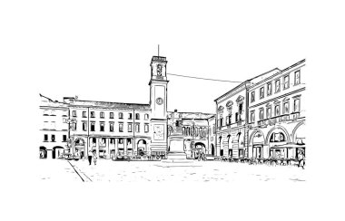 Print Building view with landmark of Rovigo, İtalya 'nın kuzeydoğusunda yer alan bir şehirdir. Vektörde elle çizilmiş çizim çizimi.