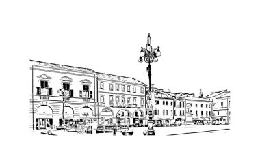 Print Building view with landmark of Rovigo, İtalya 'nın kuzeydoğusunda yer alan bir şehirdir. Vektörde elle çizilmiş çizim çizimi.