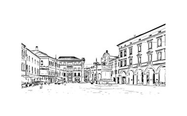Print Building view with landmark of Rovigo, İtalya 'nın kuzeydoğusunda yer alan bir şehirdir. Vektörde elle çizilmiş çizim çizimi.