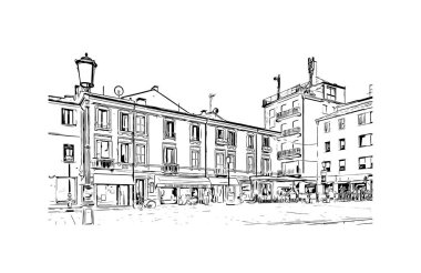 Print Building view with landmark of Rovigo, İtalya 'nın kuzeydoğusunda yer alan bir şehirdir. Vektörde elle çizilmiş çizim çizimi.