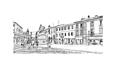 Print Building view with landmark of Rovigo, İtalya 'nın kuzeydoğusunda yer alan bir şehirdir. Vektörde elle çizilmiş çizim çizimi.