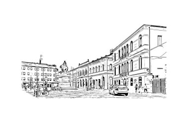 Print Building view with landmark of Rovigo, İtalya 'nın kuzeydoğusunda yer alan bir şehirdir. Vektörde elle çizilmiş çizim çizimi.