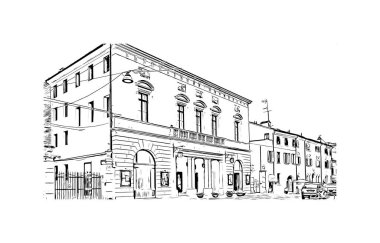 Print Building view with landmark of Rovigo, İtalya 'nın kuzeydoğusunda yer alan bir şehirdir. Vektörde elle çizilmiş çizim çizimi.