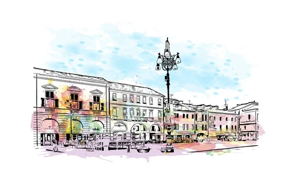 Rovigo 랜드마크가 이탈리아 북동부의 도시이다 벡터에 손으로 스케치 수채화 물보라 — 스톡 벡터
