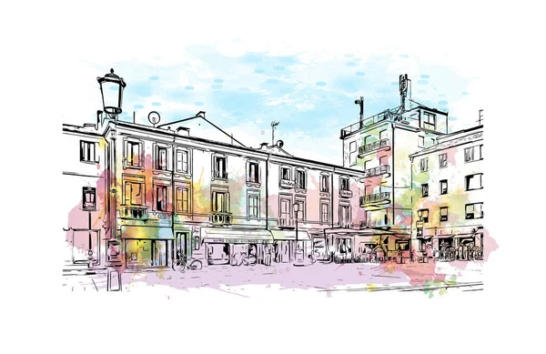 Print Building view with landmark of Rovigo, İtalya 'nın kuzeydoğusunda yer alan bir şehirdir. Vektörde elle çizilmiş resim ile suluboya sıçraması.