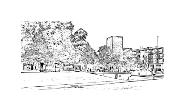Print Building View Landmark Rovigo City Northeast Italy Hand Drawn — Stock Vector