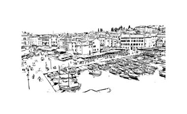 Rovinj 'in tarihi yapısına sahip Print Building Hırvatistan' ın kenti. Vektörde elle çizilmiş çizim çizimi.