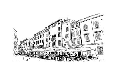 Rovinj 'in tarihi yapısına sahip Print Building Hırvatistan' ın kenti. Vektörde elle çizilmiş çizim çizimi.