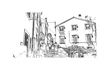 Rovinj 'in tarihi yapısına sahip Print Building Hırvatistan' ın kenti. Vektörde elle çizilmiş çizim çizimi.