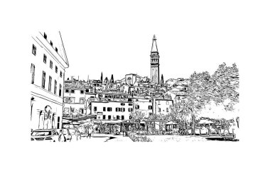 Rovinj 'in tarihi yapısına sahip Print Building Hırvatistan' ın kenti. Vektörde elle çizilmiş çizim çizimi.