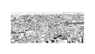 Rovinj 'in tarihi yapısına sahip Print Building Hırvatistan' ın kenti. Vektörde elle çizilmiş çizim çizimi.