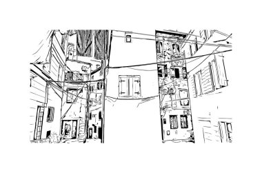 Rovinj 'in tarihi yapısına sahip Print Building Hırvatistan' ın kenti. Vektörde elle çizilmiş çizim çizimi.