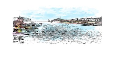 Rovinj 'in tarihi yapısına sahip Print Building Hırvatistan' ın kenti. Vektörde elle çizilmiş resim ile suluboya sıçraması.