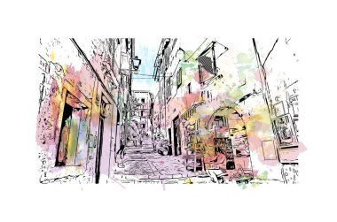 Rovinj 'in tarihi yapısına sahip Print Building Hırvatistan' ın kenti. Vektörde elle çizilmiş resim ile suluboya sıçraması.