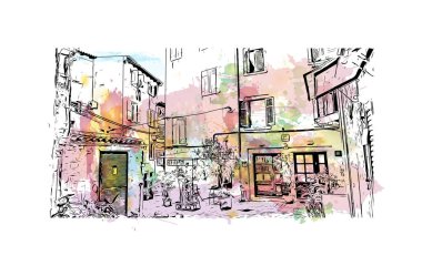 Rovinj 'in tarihi yapısına sahip Print Building Hırvatistan' ın kenti. Vektörde elle çizilmiş resim ile suluboya sıçraması.