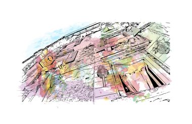 Rovinj 'in tarihi yapısına sahip Print Building Hırvatistan' ın kenti. Vektörde elle çizilmiş resim ile suluboya sıçraması.