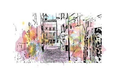 Rovinj 'in tarihi yapısına sahip Print Building Hırvatistan' ın kenti. Vektörde elle çizilmiş resim ile suluboya sıçraması.