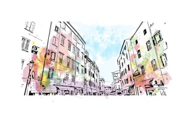 Rovinj 'in tarihi yapısına sahip Print Building Hırvatistan' ın kenti. Vektörde elle çizilmiş resim ile suluboya sıçraması.