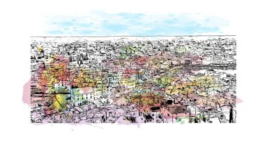 Rovinj 'in tarihi yapısına sahip Print Building Hırvatistan' ın kenti. Vektörde elle çizilmiş resim ile suluboya sıçraması.