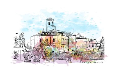 Rovinj 'in tarihi yapısına sahip Print Building Hırvatistan' ın kenti. Vektörde elle çizilmiş resim ile suluboya sıçraması.