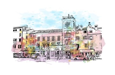 Rovinj 'in tarihi yapısına sahip Print Building Hırvatistan' ın kenti. Vektörde elle çizilmiş resim ile suluboya sıçraması.