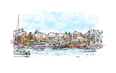 Rovinj 'in tarihi yapısına sahip Print Building Hırvatistan' ın kenti. Vektörde elle çizilmiş resim ile suluboya sıçraması.