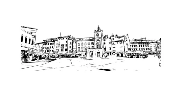 Imprimer Vue Sur Bâtiment Avec Point Repère Rovinj Est Ville — Image vectorielle