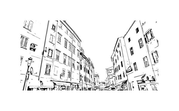 Vytisknout Pohled Budovu Orientačním Bodem Rovinj Město Chorvatsku Ručně Kreslená — Stockový vektor