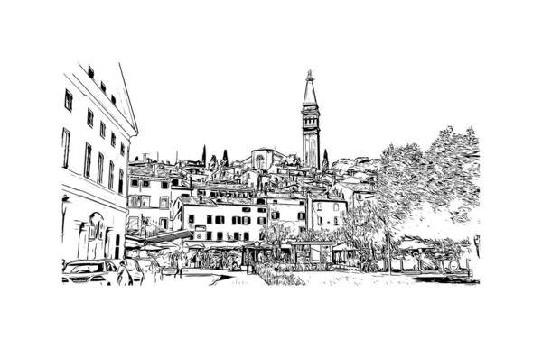 Print Building Vista Com Marco Rovinj Cidade Croácia Desenho Desenhado — Vetor de Stock