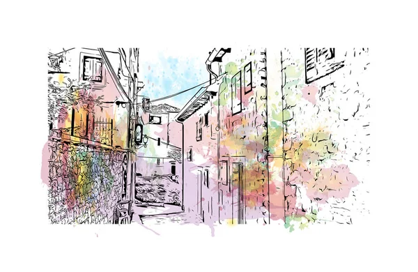 Print Building View Landmark Rovinj Staden Kroatien Akvarell Stänk Med — Stock vektor