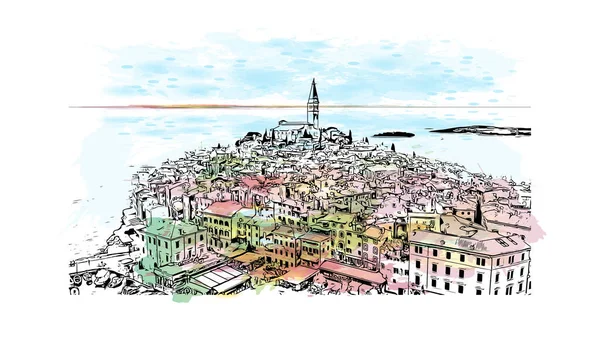 Print Building View Landmark Rovinj Staden Kroatien Akvarell Stänk Med — Stock vektor