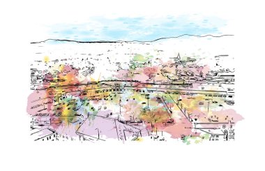 Print Building view with landmark of Rutland is a ceremonial county in England. Watercolor splash with hand drawn sketch illustration in vector.