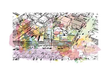 Print Building view with landmark of Rutland is a ceremonial county in England. Watercolor splash with hand drawn sketch illustration in vector.