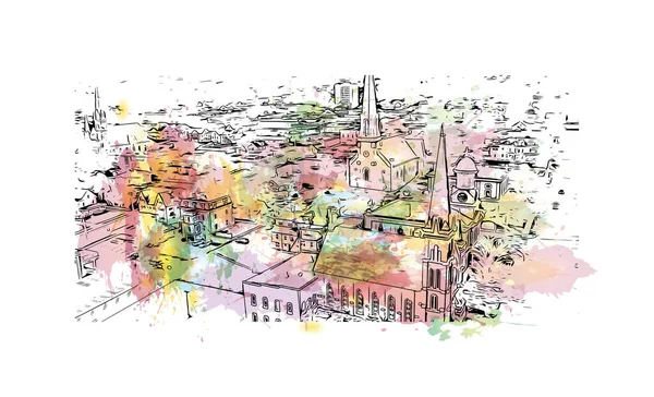 Print Building view with landmark of Rutland is a ceremonial county in England. Watercolor splash with hand drawn sketch illustration in vector.