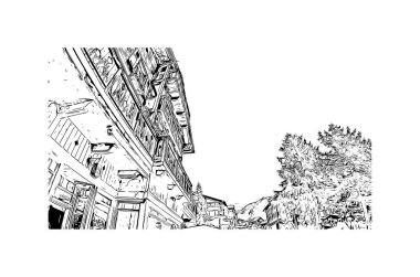 Print Building view with landmark of Saas Fee is the village in Swiss. Vektörde elle çizilmiş çizim çizimi.