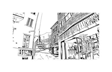 Print Building view with landmark of Saas Fee is the village in Swiss. Vektörde elle çizilmiş çizim çizimi.