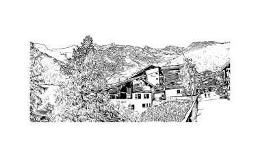 Print Building view with landmark of Saas Fee is the village in Swiss. Vektörde elle çizilmiş çizim çizimi.